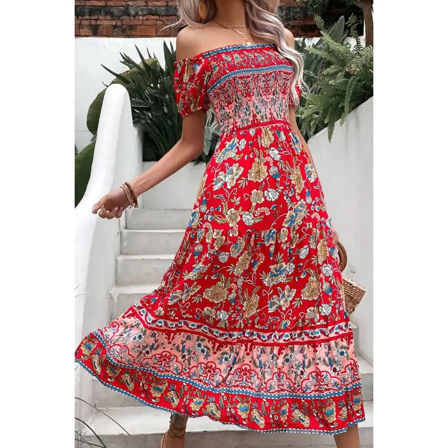Off-Shoulder Smocked Midi Dress