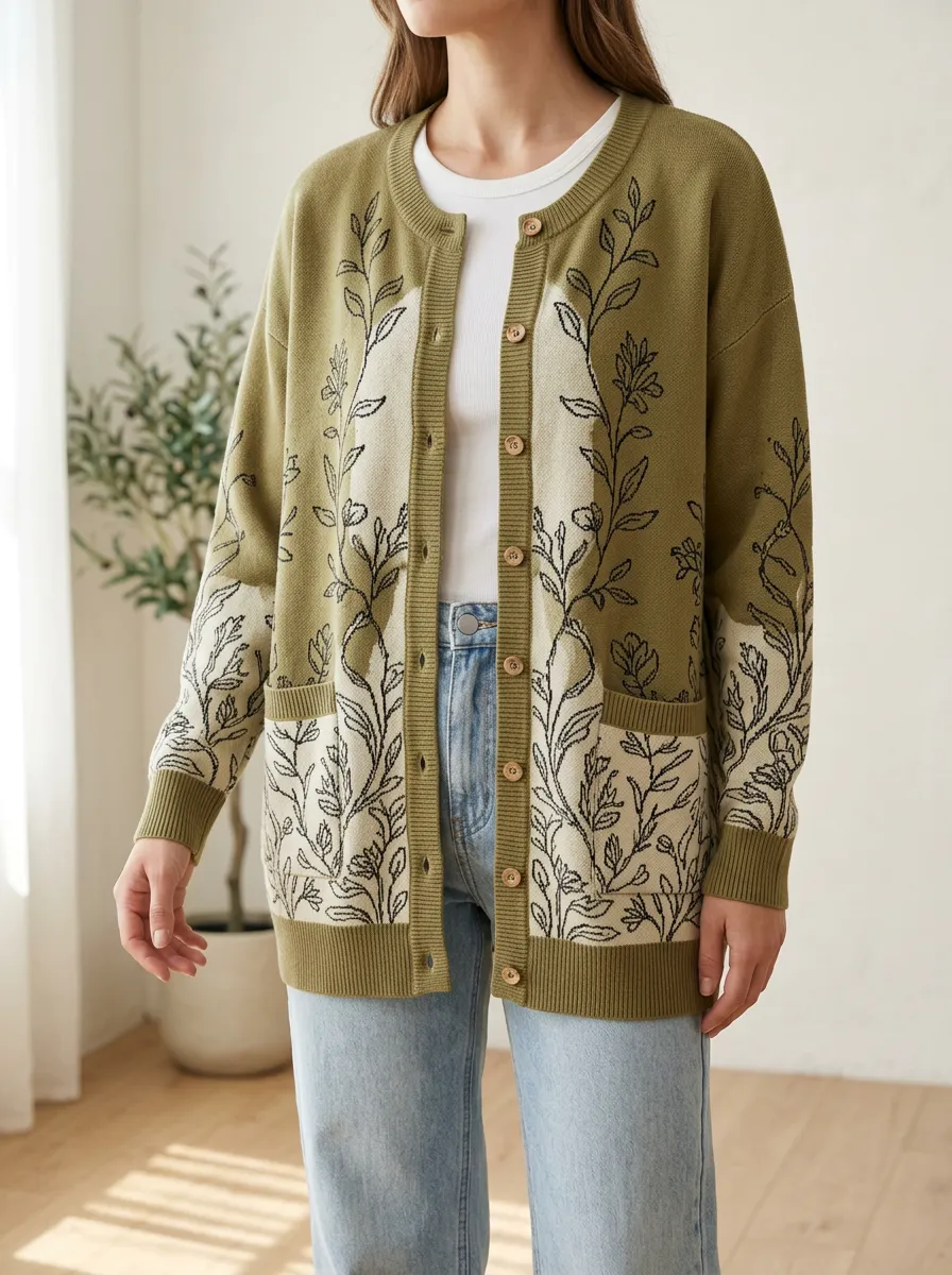 Women's Botanical Nature Lover Floral Line Art Printed Patch Pocket Casual Layering Cardigan