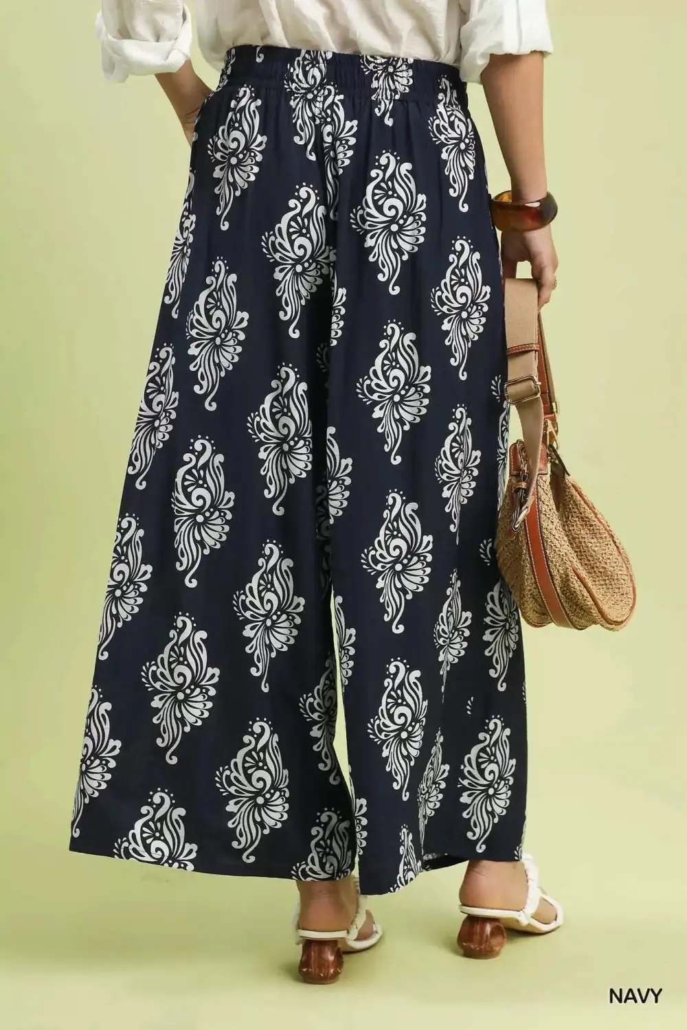 Wide Leg Printed Drawstring Elastic Waist Pants
