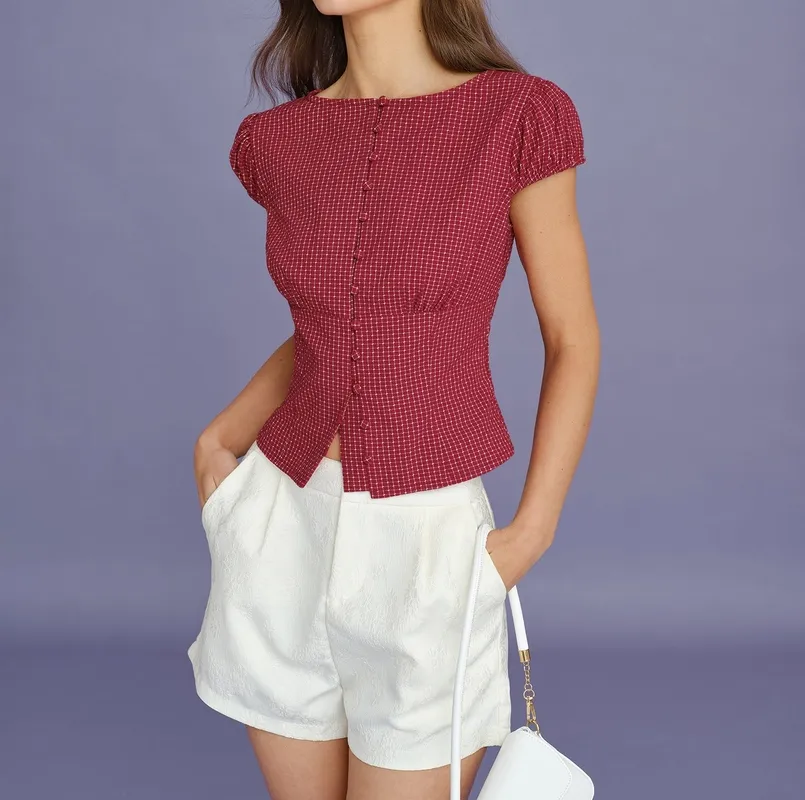 Red Boat Neck Plaid Blouse