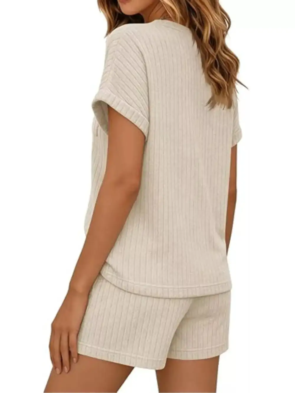 Casual Ribbed Knit Tee Shorts Set