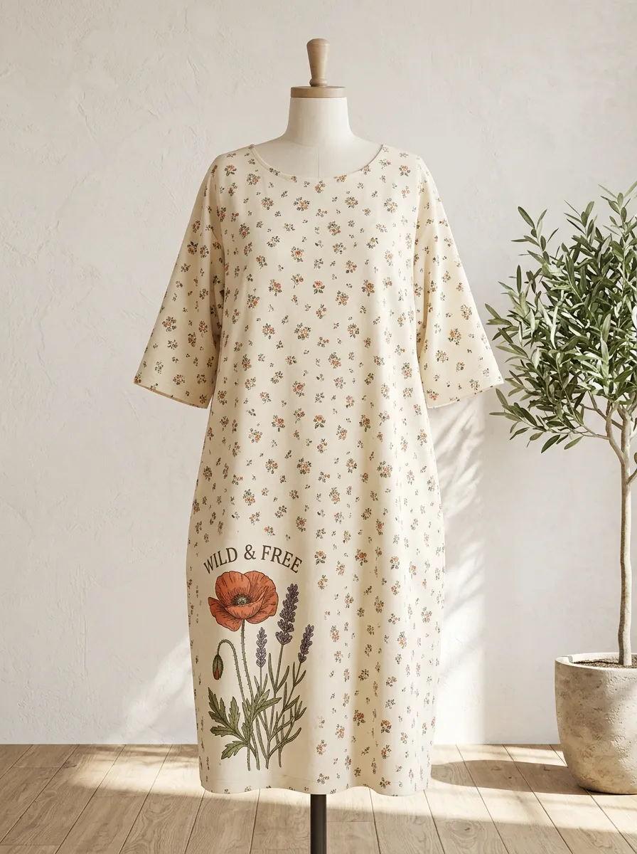 Wild And Free Poppy Flower Botanical T-Shirt Dress