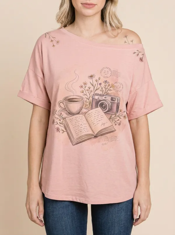 Women's Coffee Book Camera Floral Printed T-shirt