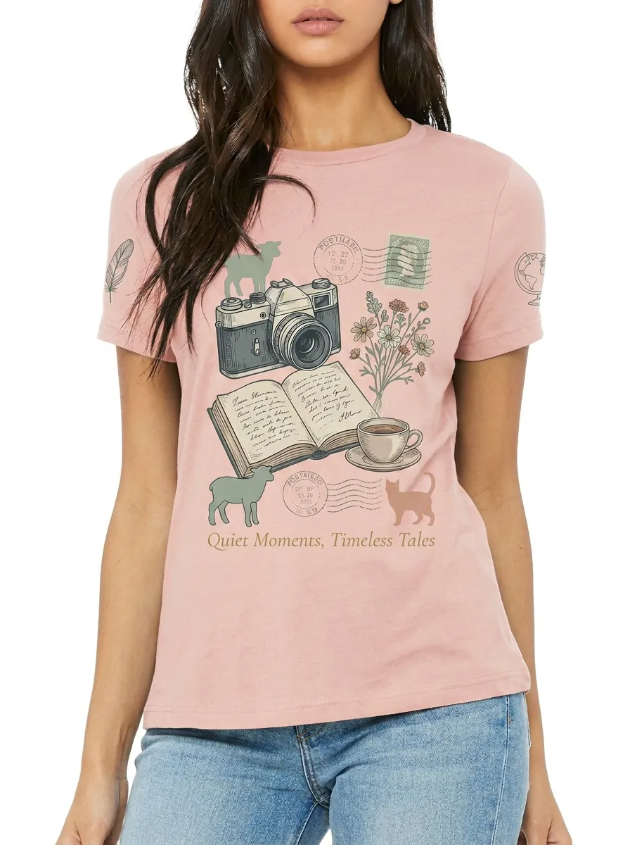 Women's Book Lover Camera Cat Floral Printed T-shirt