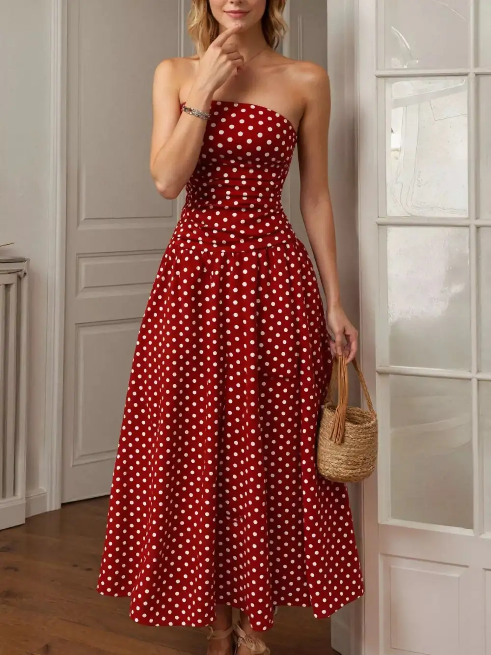 Strapless Polka-Dot Maxi Dress
