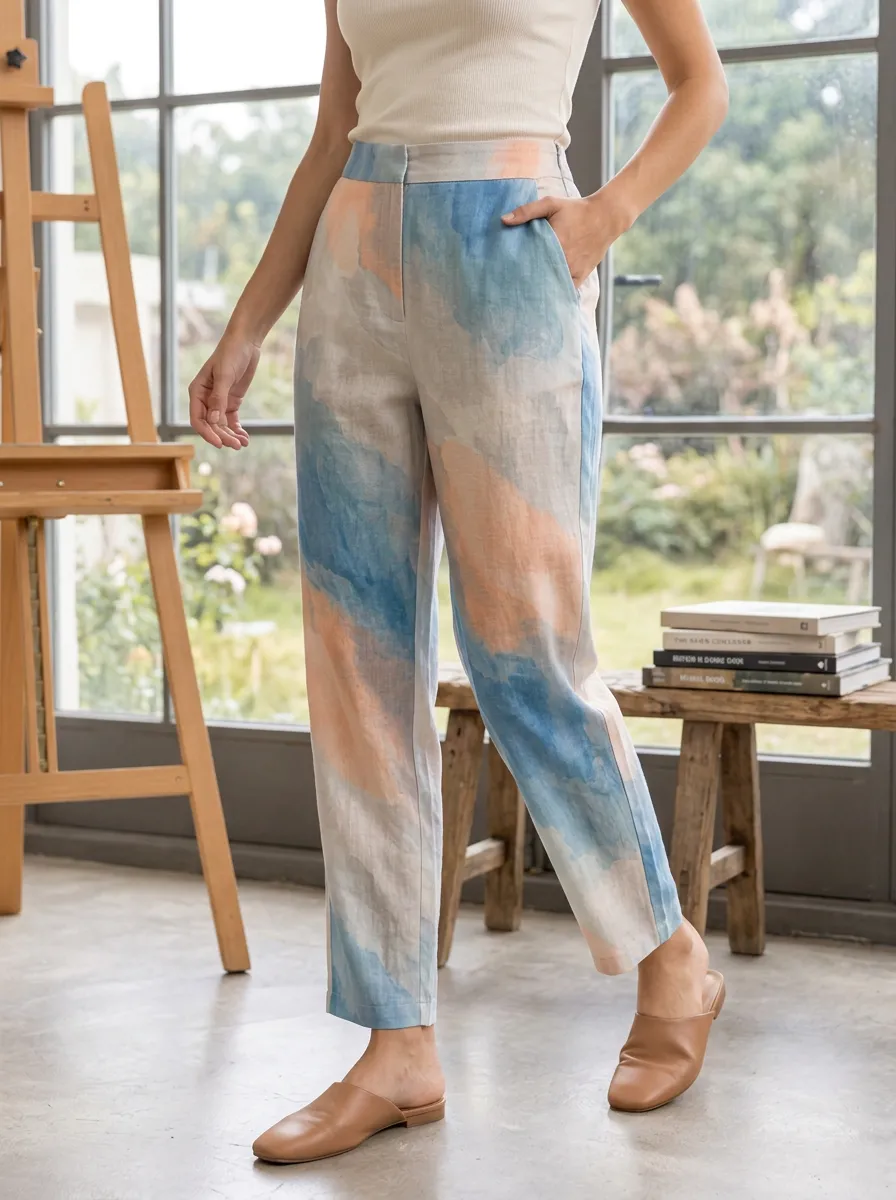 Women's Relaxed Abstract Watercolor Print Casual Trousers