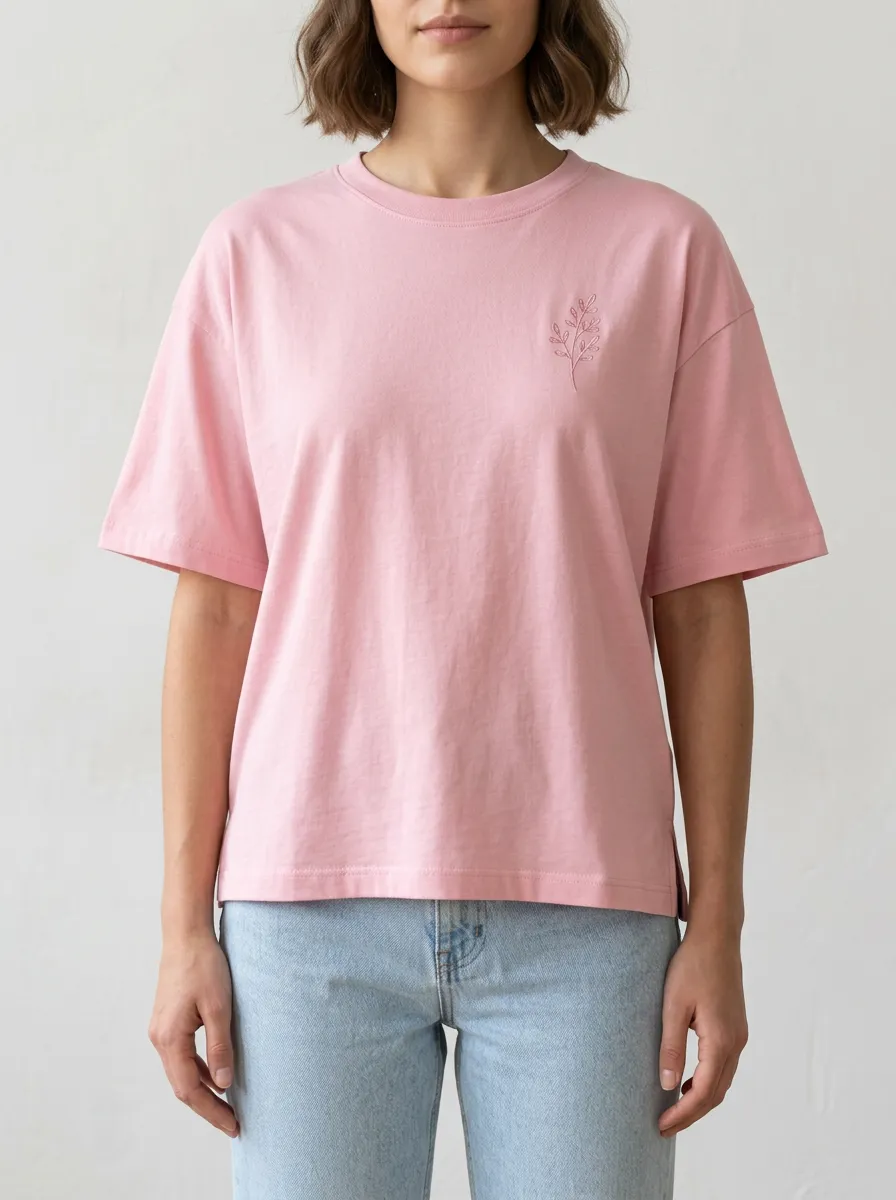 Women's Minimalist Botanical Leaf Printed Pink T-shirt