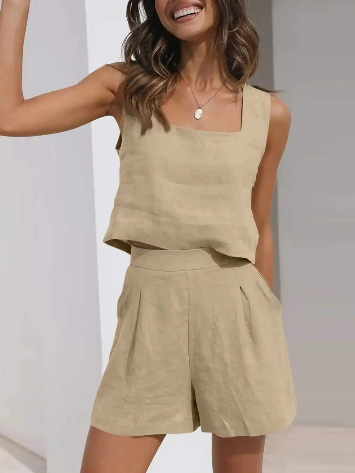 Square-Neck Shorts Matching Set