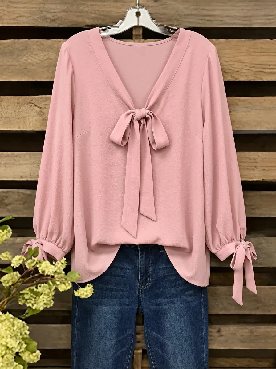 Women's V-neck Tie-neck Gathered Cuff Blouse
