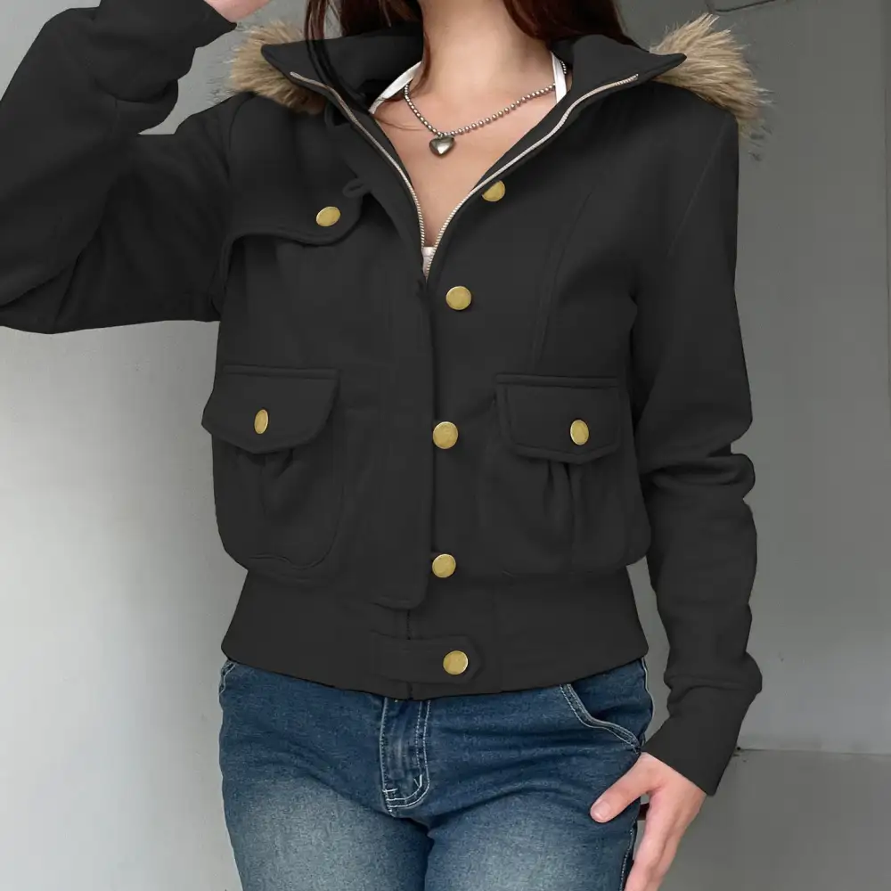 Cropped Faux Fur Hooded Stand Collar Bomber Jacket