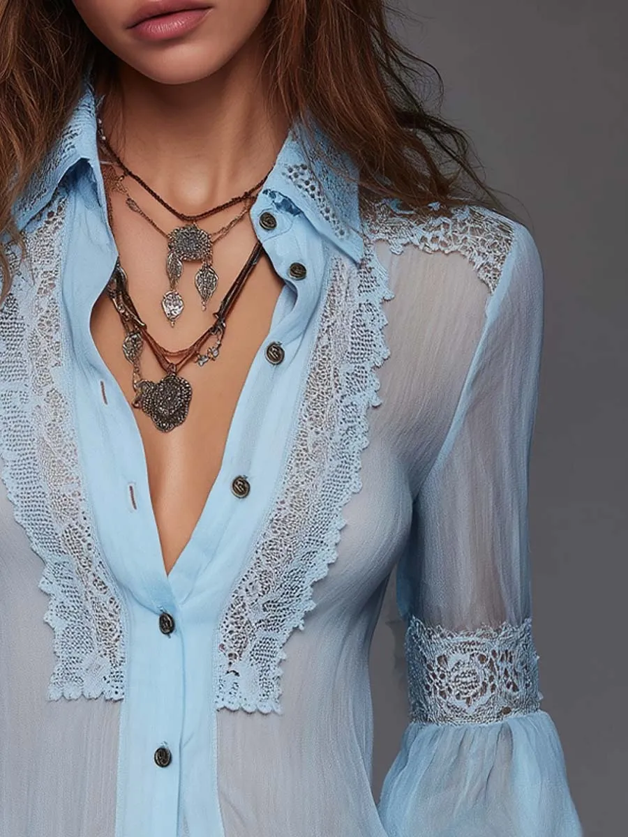 Boho Sheer Lace Trim Puff Sleeve Shirt