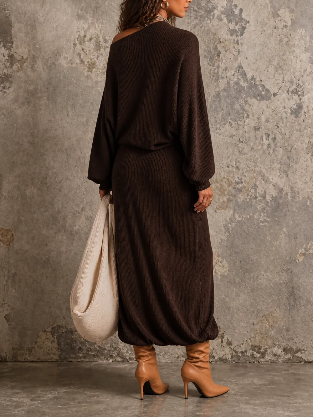 Vintage Ribbed Knit One-Shoulder Batwing Sleeve Ruched Midi Dress