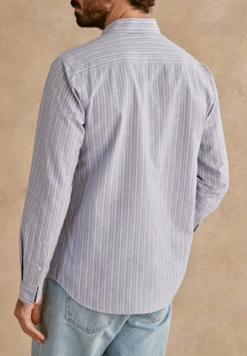 Light Blue White Thin Stripe Cotton Linen Blend Shirt