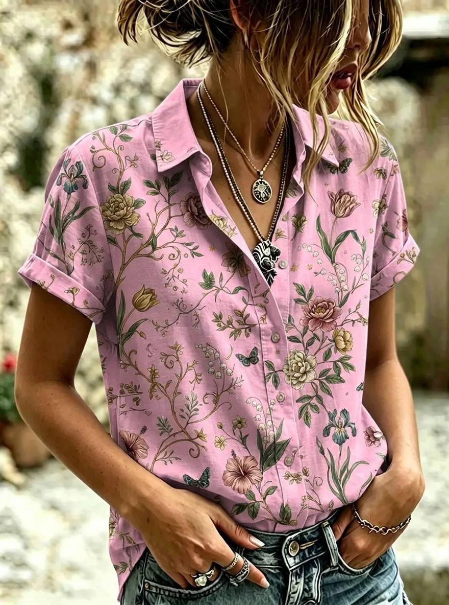 Women's Botanical Floral Vintage Garden Printed Short Sleeve Shirt