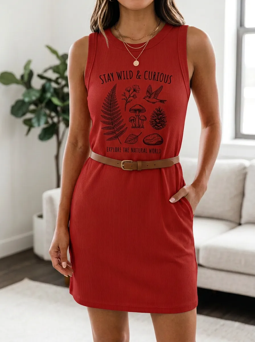 Women's Nature Lover Mushroom Fern Bird Printed Tank Dress