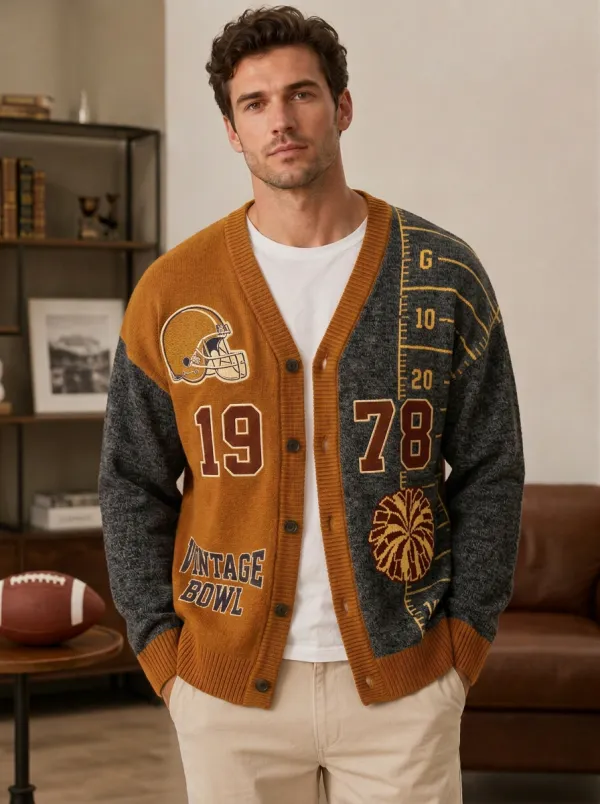 Men's Football Vintage Helmet Knit Knit Cardigan