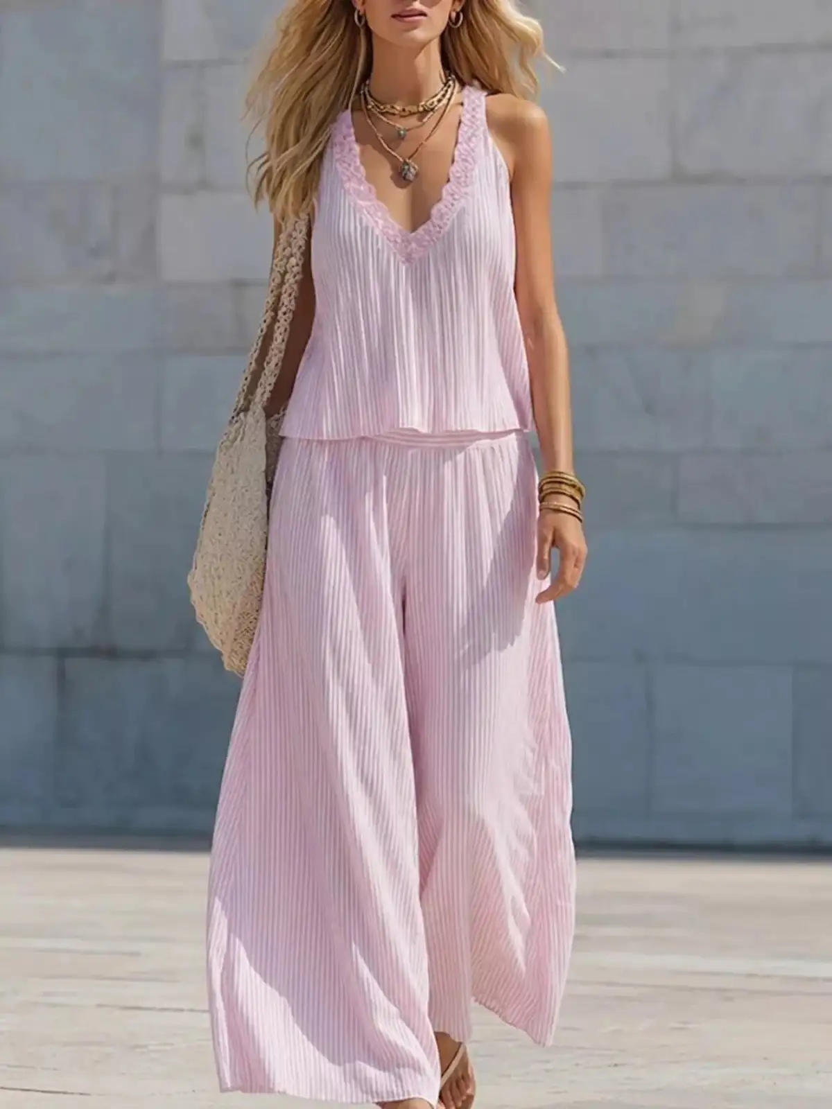 V-Neck Lace Striped Pants Matching Set