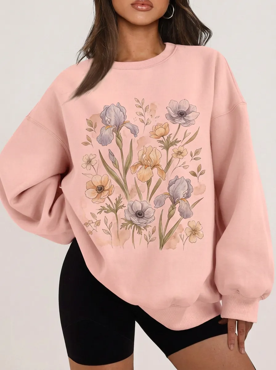 Women's Botanical Garden Floral Watercolor Printed Sweatshirt