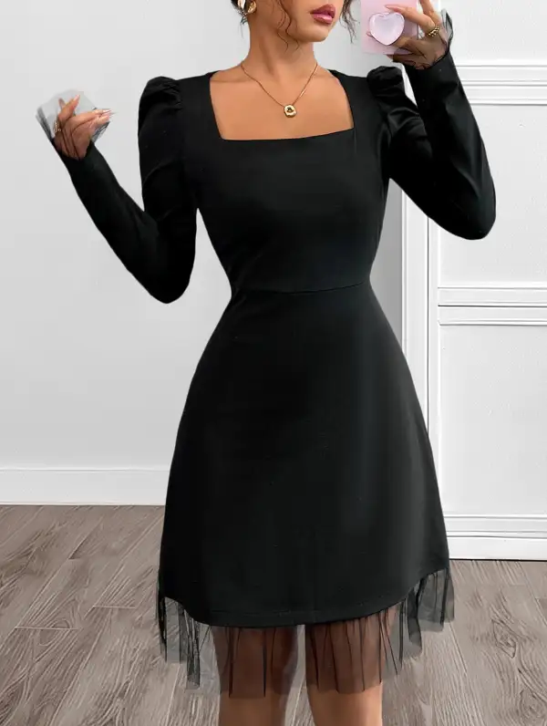 Square Neck Puff Sleeve A Line Mini Dress