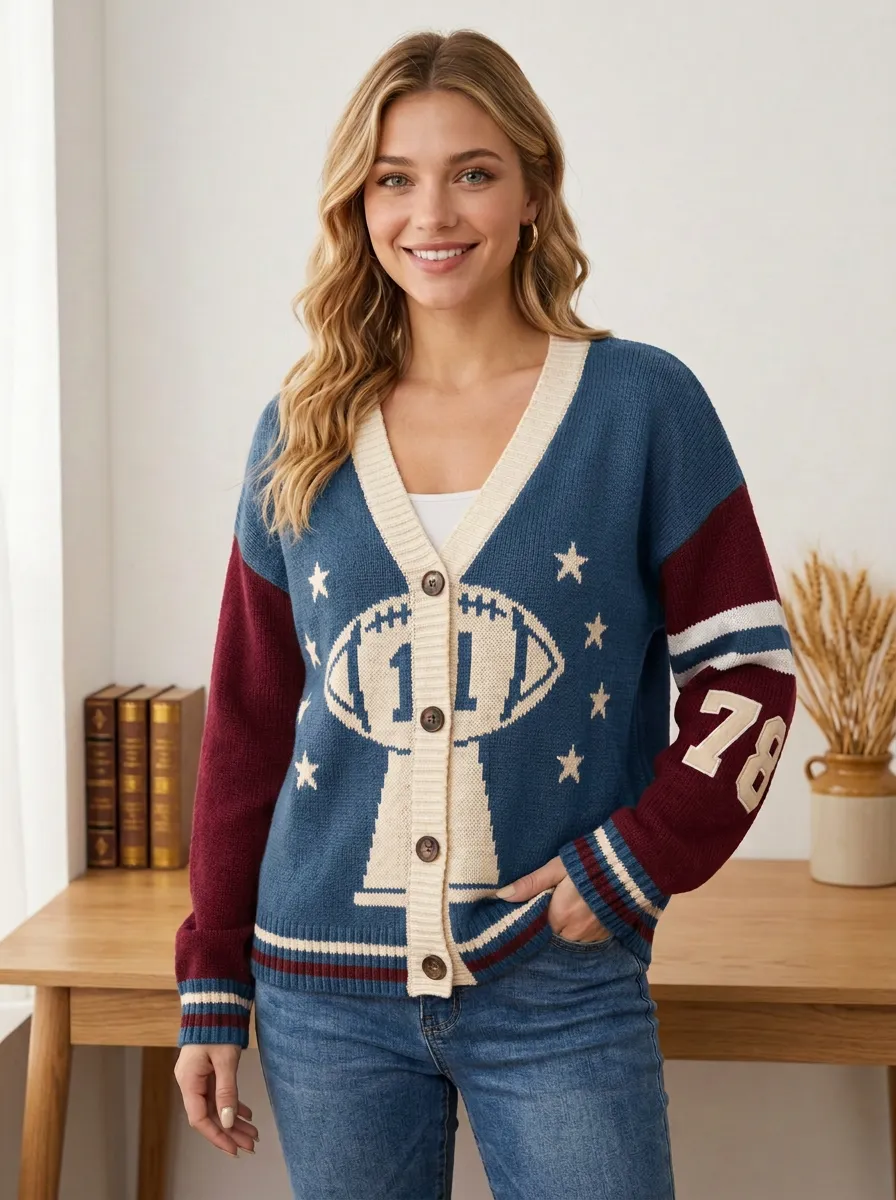 Women's Football Fan C6 Trophy Stars Number 78 Knitted Cardigan