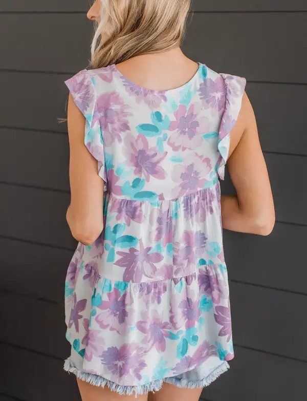 Watercolor Floral Ruffled V Neck Tank Top