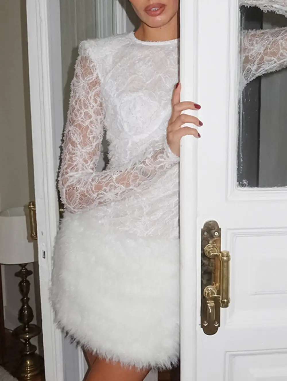 Lace Patchwork Fuzzy Bodycon Mini Dress