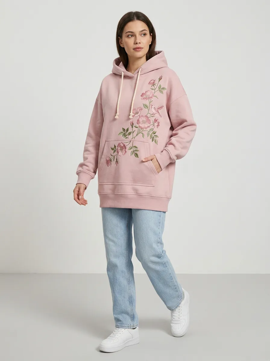 Women's Floral Bird Nature Lover Embroidered Printed Hoodie