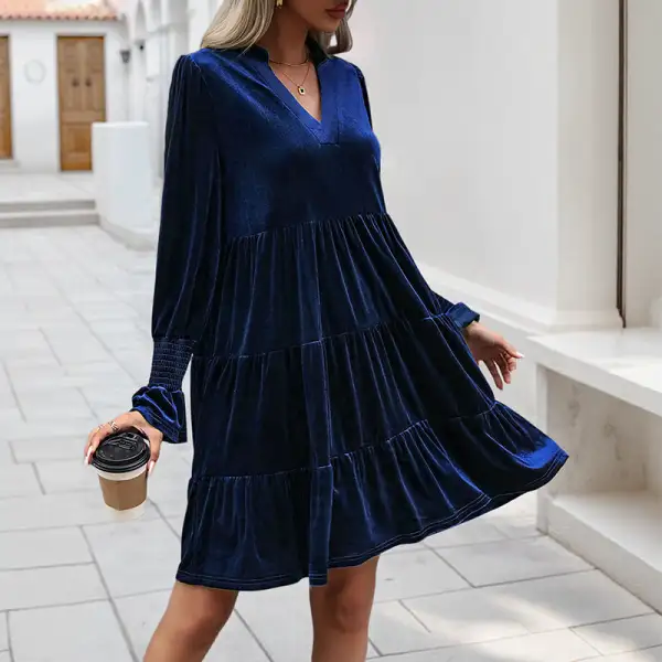 Women's V-Neck Velvet Ruffled Evening Dress