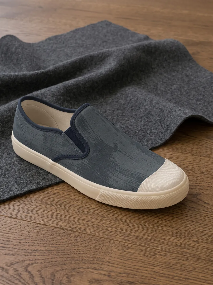 Men's Minimalist Dark Grey Brushstroke Printed Canvas Slip-on Shoes