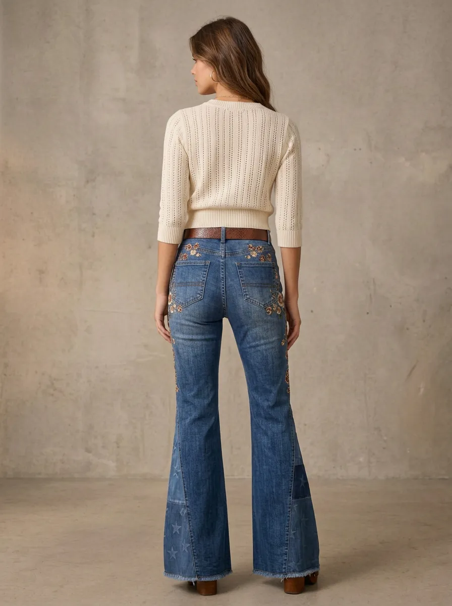 Women's Boho Floral Star Patchwork Printed Flare Jeans