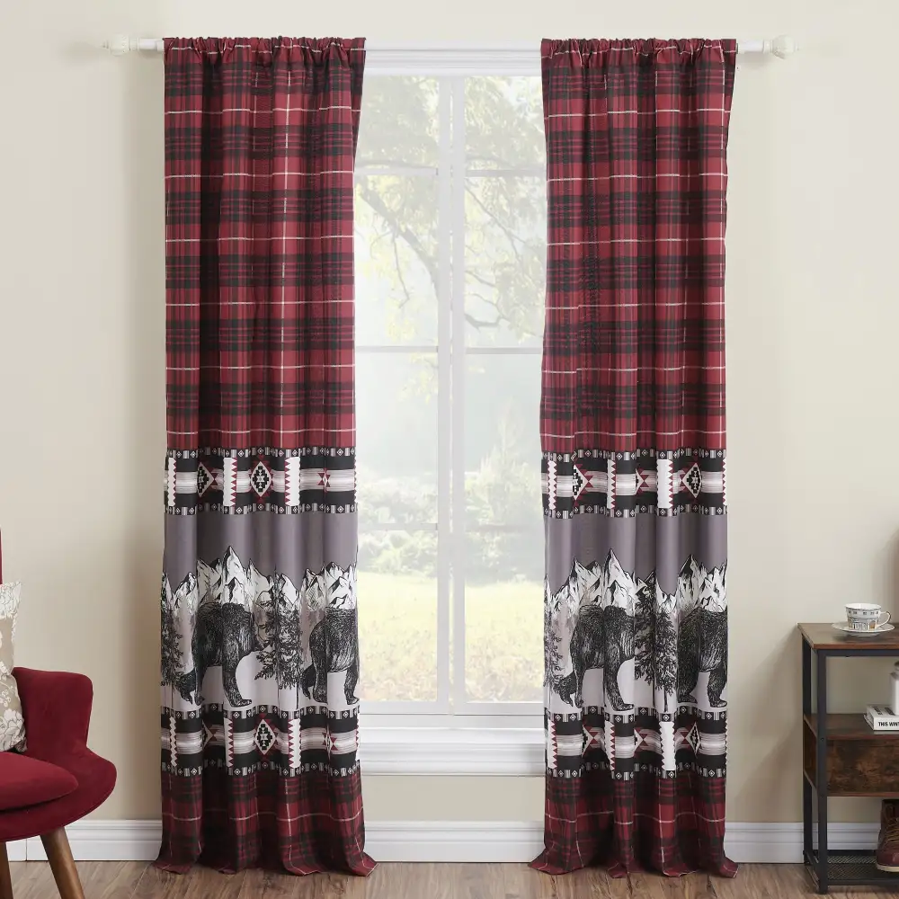 Polyester Plaid Rod-Pocket Curtain Panel Pair