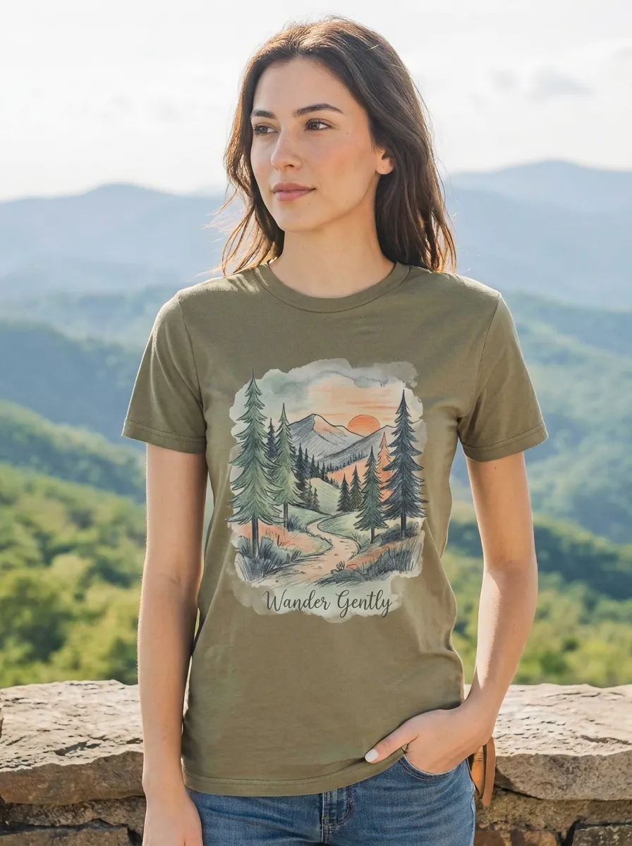 Women's Nature Lover Wander Gently Mountain Forest Printed T-shirt