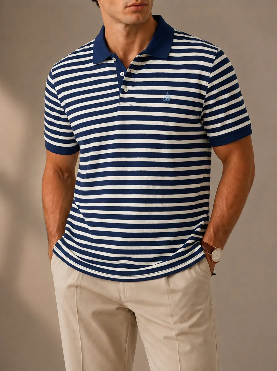 Men's Nautical Sailor Style Striped Sailboat Embroidered Polo Shirt