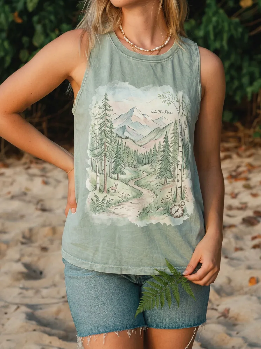 Women's Nature Lover Mountain Forest Deer Compass Printed Tank Top