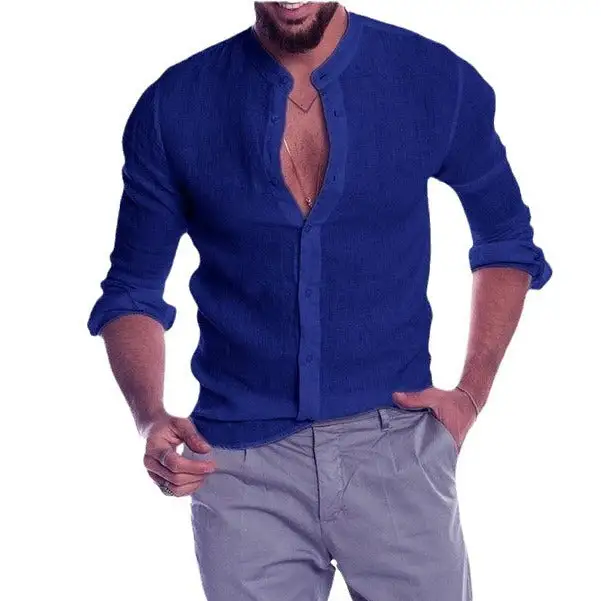 Men's Linen Shirt With Stand-up Collar Continuous Button Placket And Casual Slim-Fit Cut