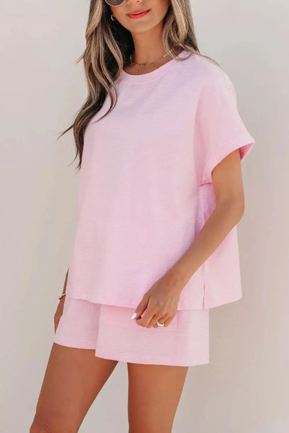 Stripe Matching Oversized Tee Drawstring Shorts Set