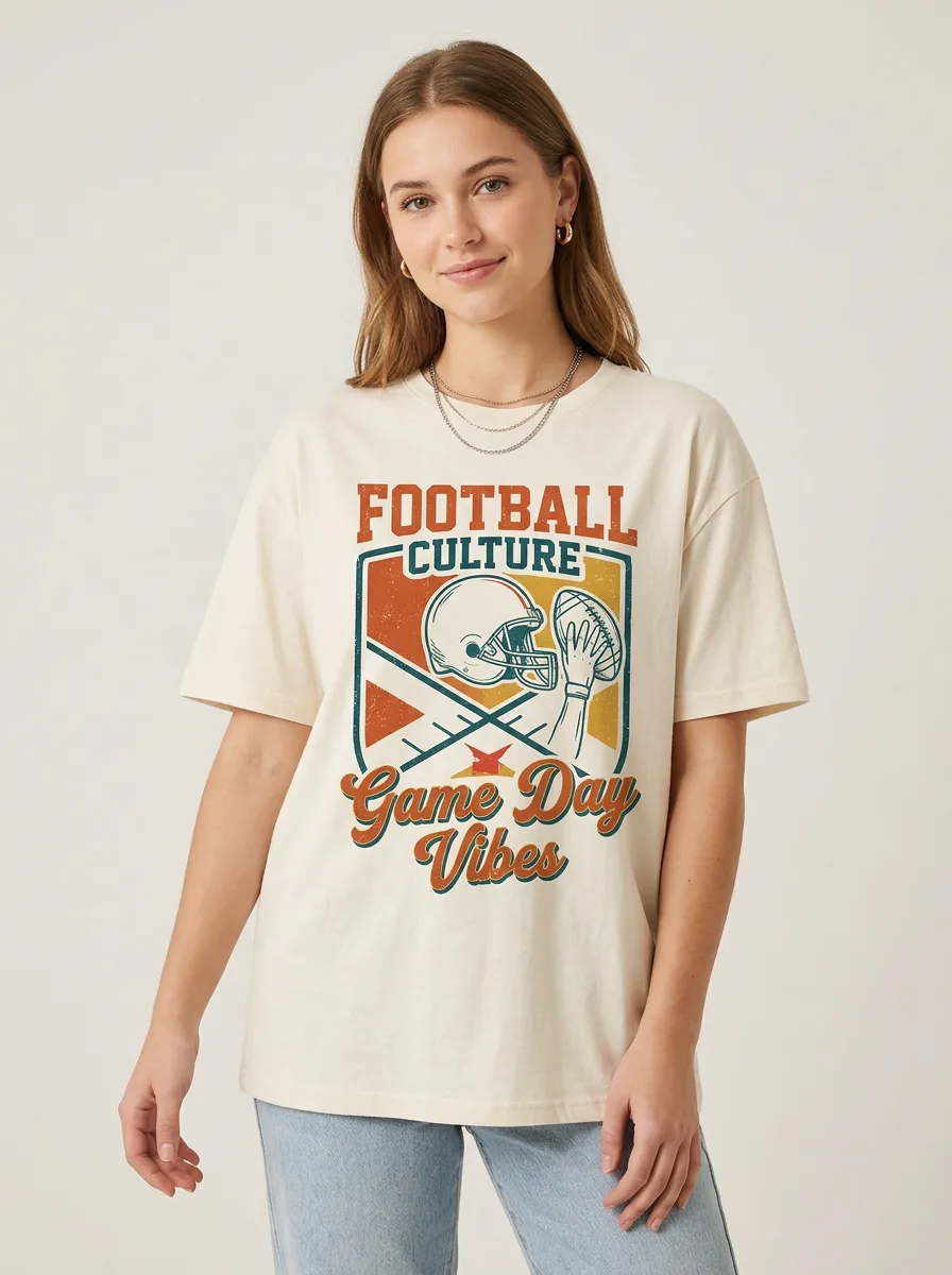 Women's Football Culture Game Day Vibes Retro Helmet Printed T-Shirt