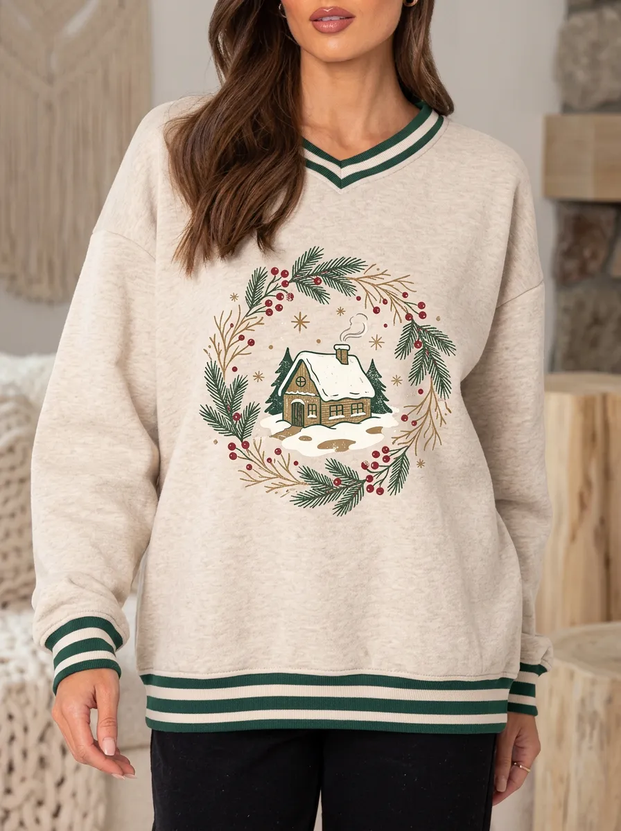 Christmas Holiday Snowy Cabin Wreath Print Sweatshirt