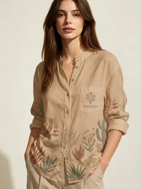Nature Lover Desert Cactus Floral Linen Shirt