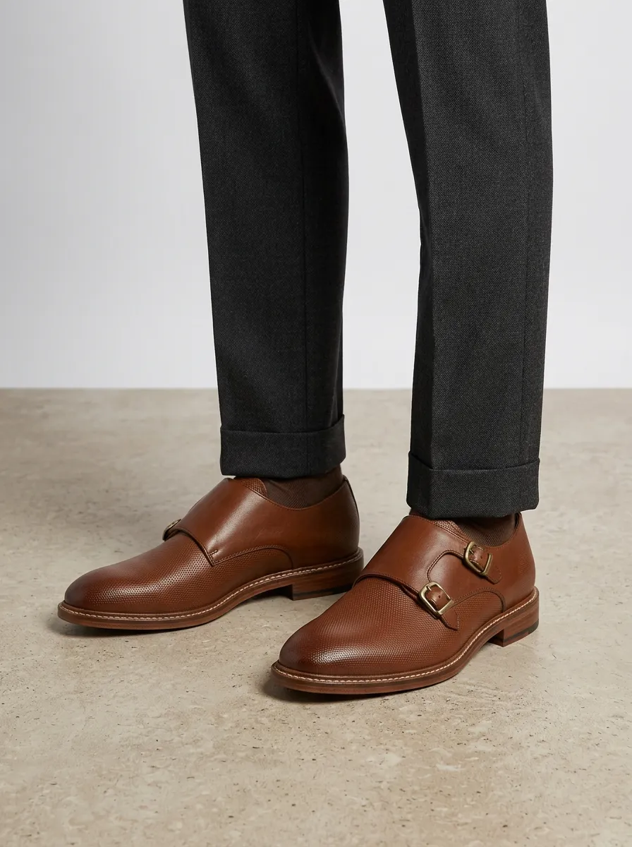 Men's Contemporary Business Formal Perforated Leather Double Monk Strap Shoes
