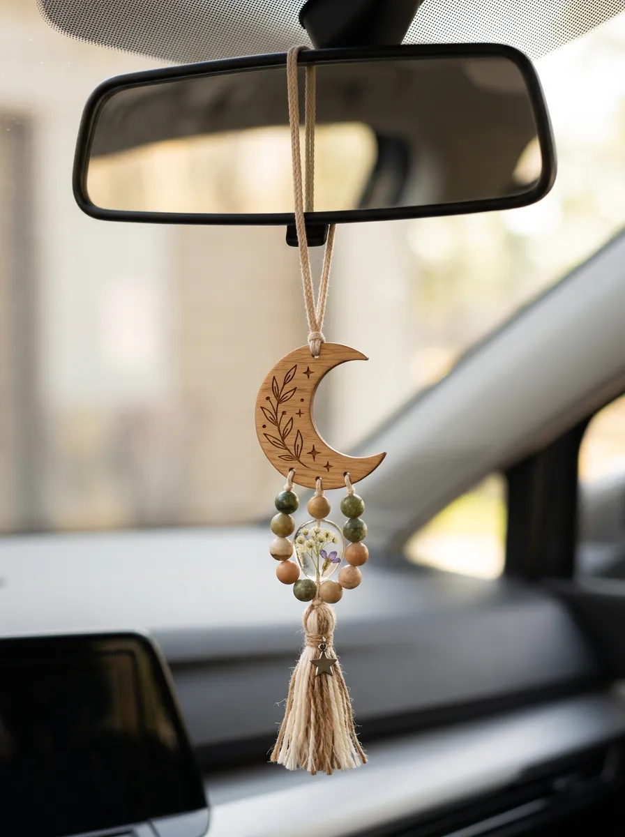 Beaded Tassel Floral Rearview Mirror Hanging Ornament