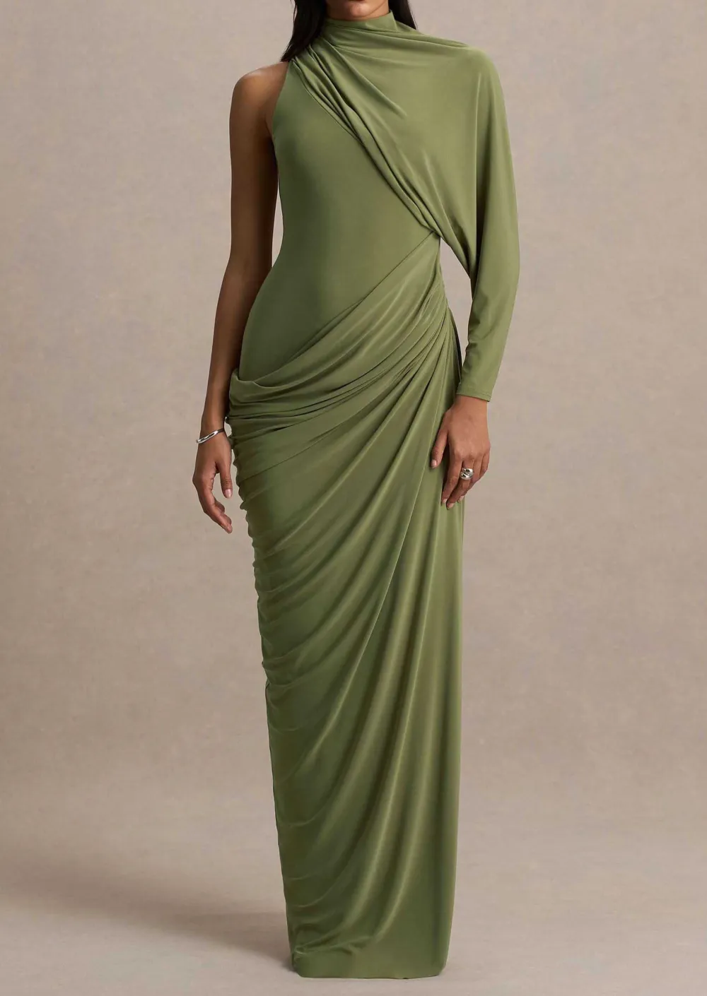Asymmetric One Sleeve Drapedd Maxi Dress