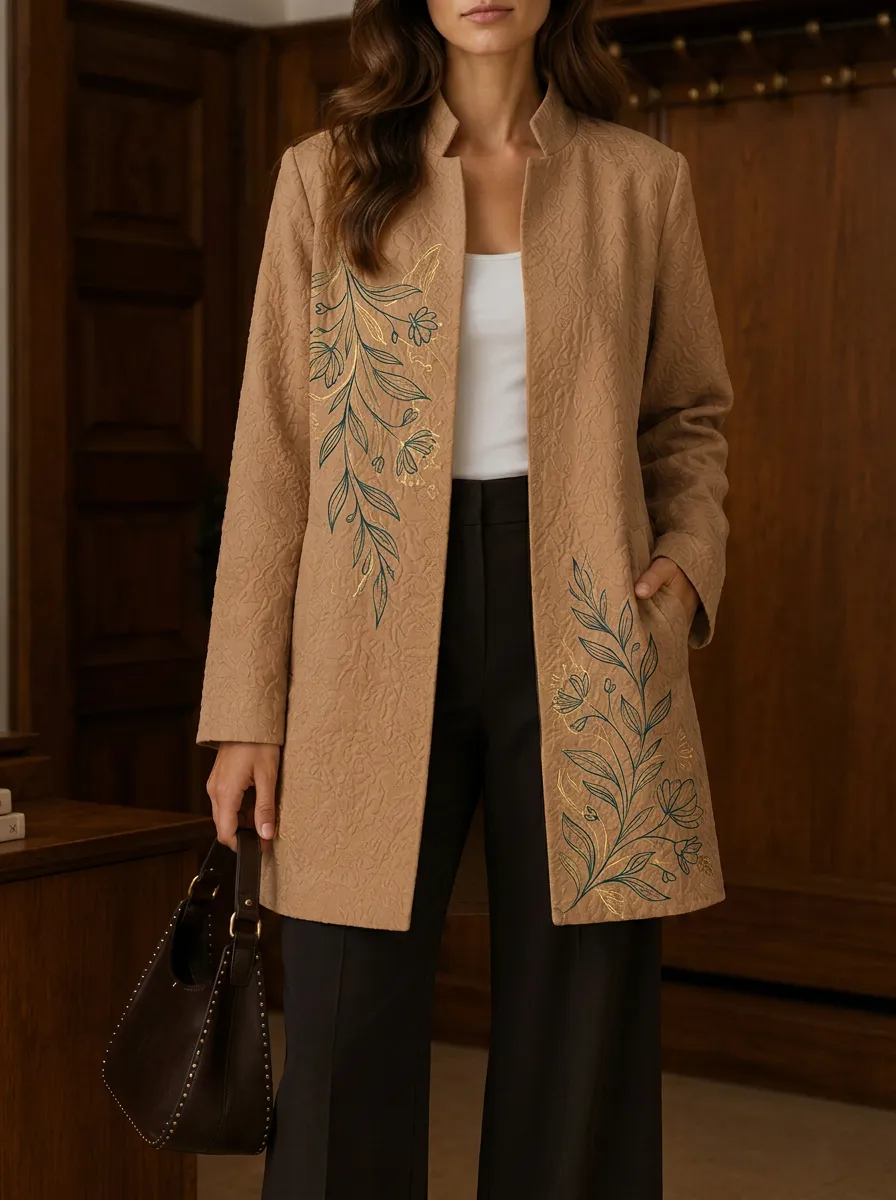 Women's Floral Botanical Gold Line Art Printed Long Jacket
