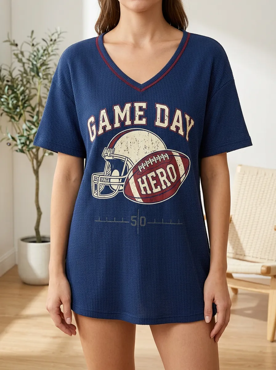 Women's Football Game Day Hero Helmet Printed Waffle Top