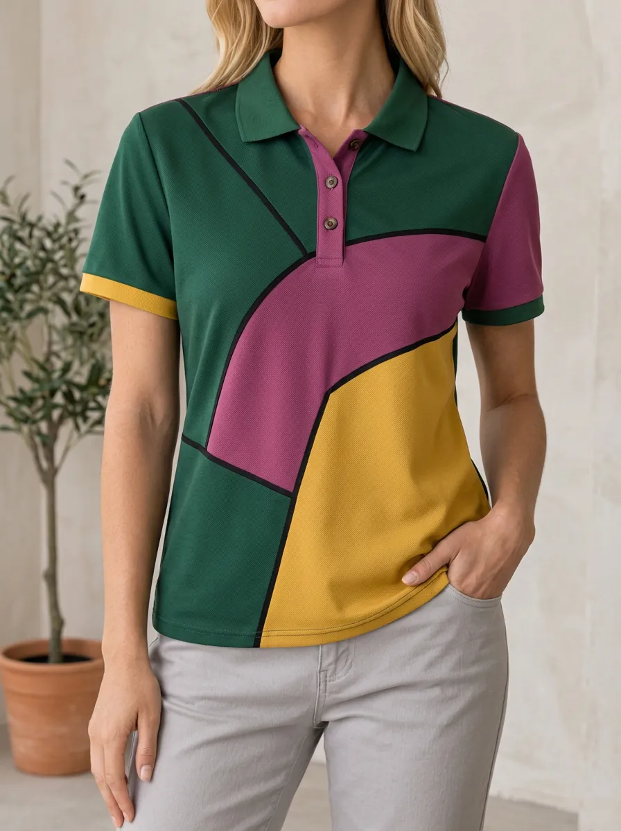 Women's Classic Geometric Colorblock Abstract Polo Shirt