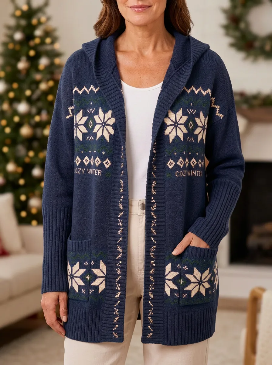 Christmas Cozy Winter Snowflake Pattern Knit Hooded Cardigan