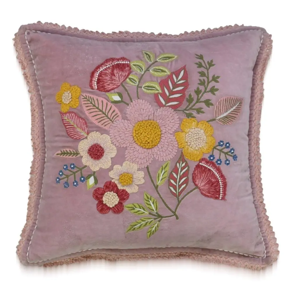 Hand Embroidered Floral Botanical Velvet Decorative Cushion Cover