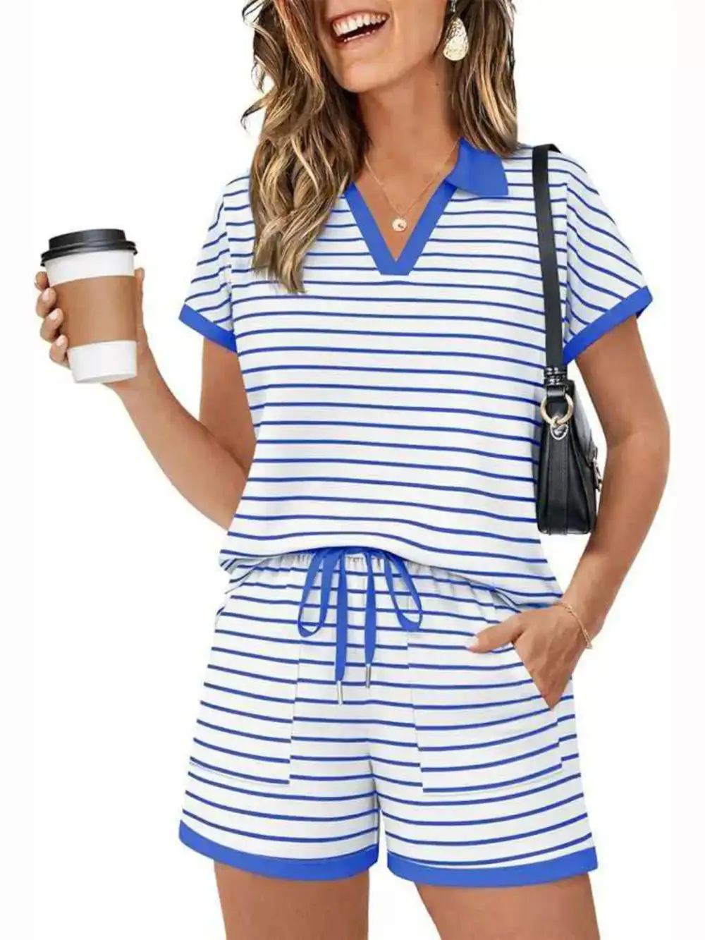 Striped Short Sleeve Polo Shorts Set