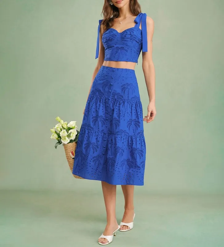 Blue Embroidery Midi Skirt