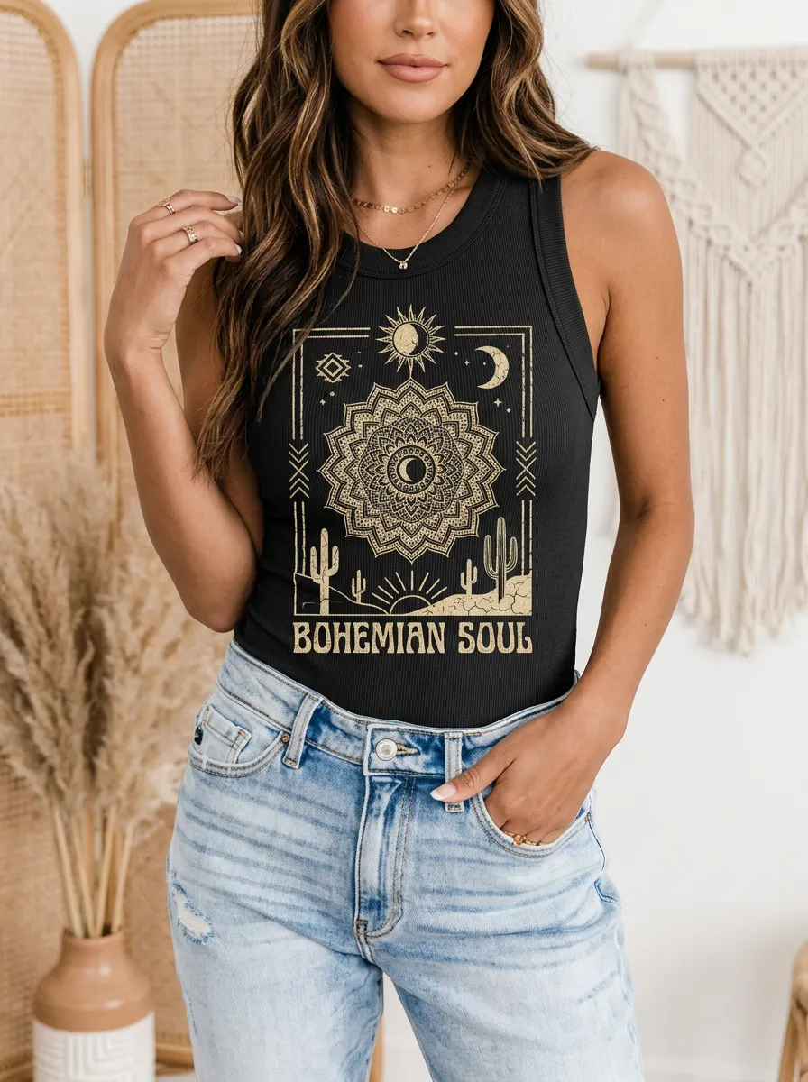 Women's Bohemian Soul Mandala Cactus Printed Ribbed Tank Top